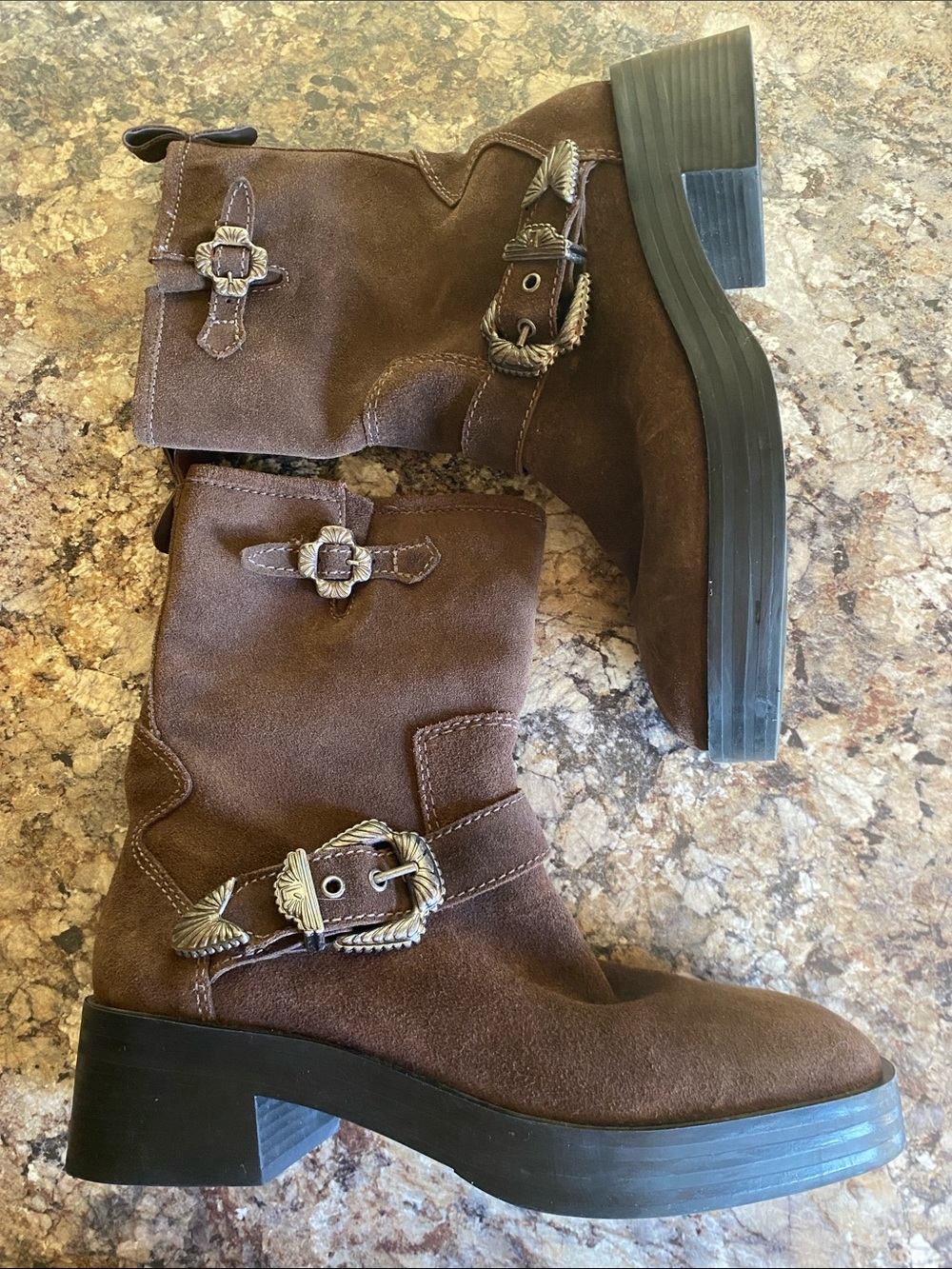 Larroude Brown Suede Mid-Calf Heeled Buckle Boots